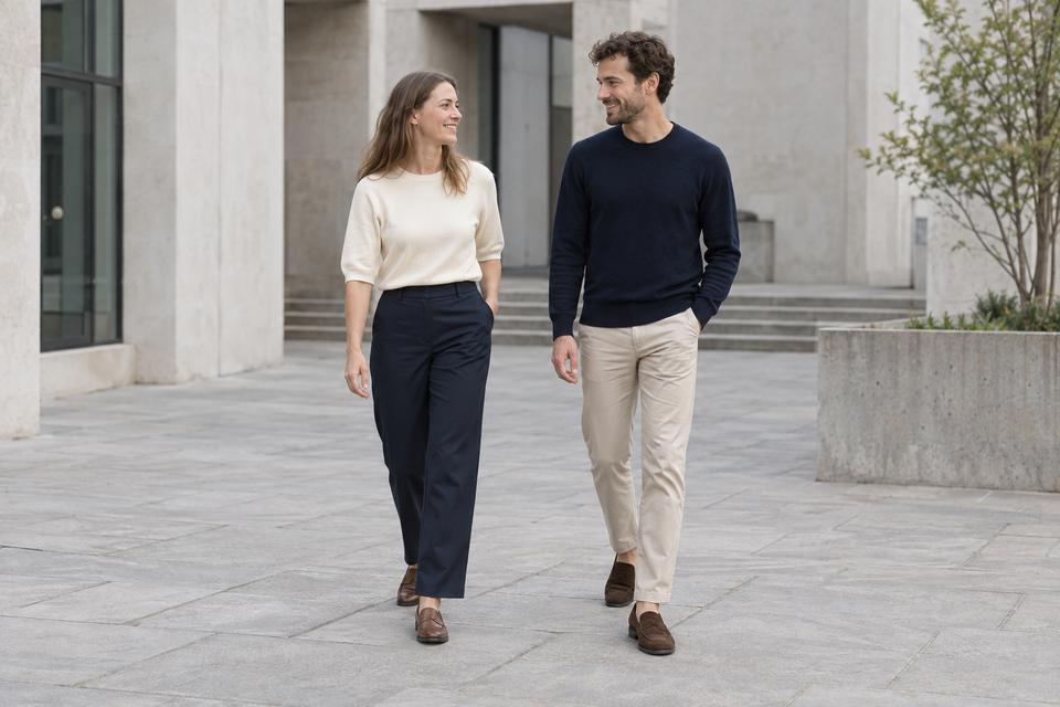 To personer i marineblå, beige og råhvid: lige bukser, enkle overdele og brune loafers.